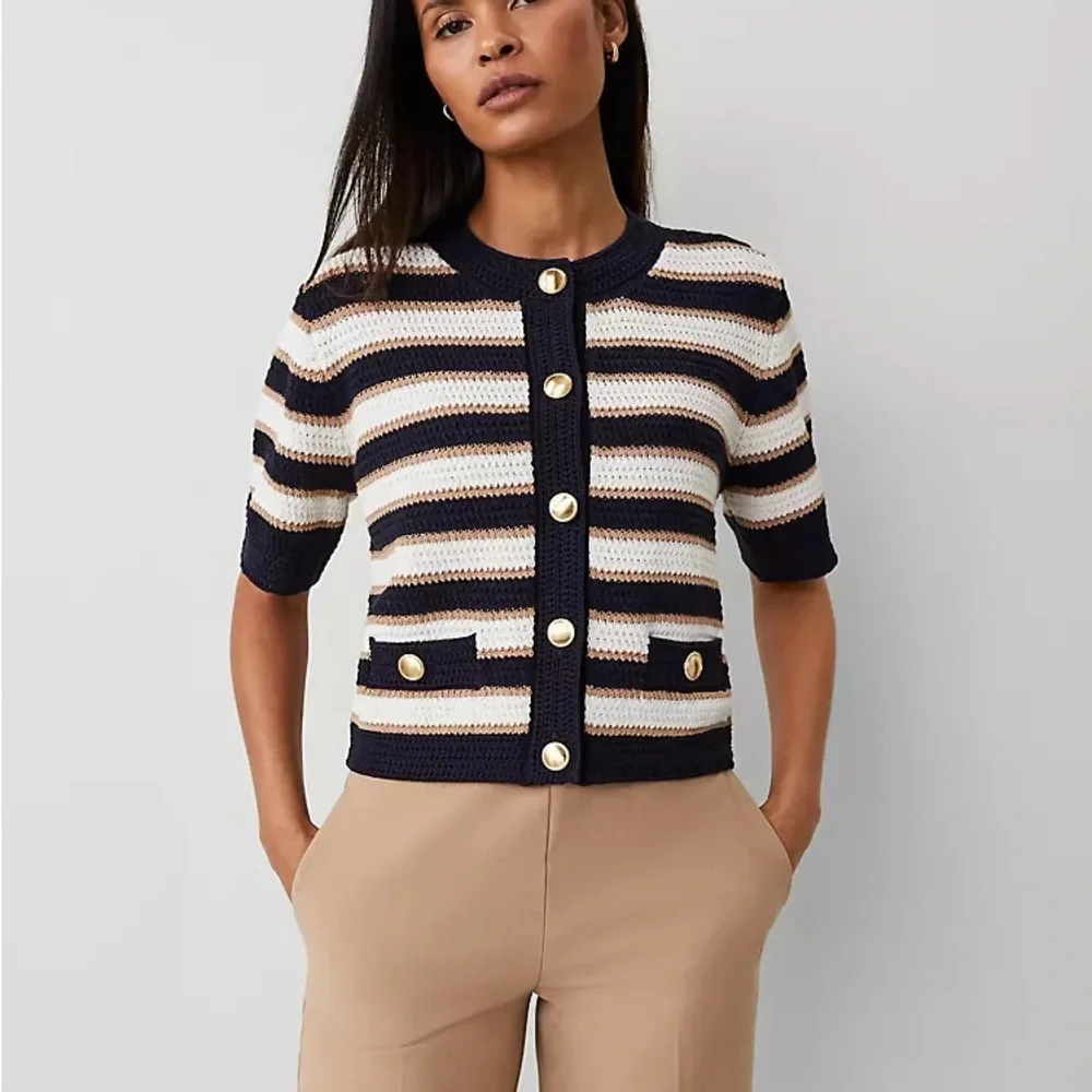 Striped Navy and Cream Button-Up Sweater - Picture 1 of 6